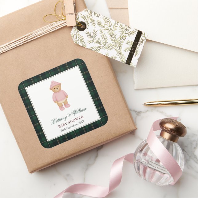 Classic Preppy Bear Pink Baby Shower Square Sticker (Gifting)