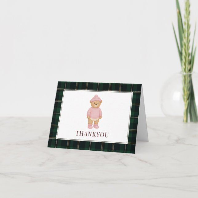 Classic Preppy Bear Pink Baby Shower Thank You Card (Front)