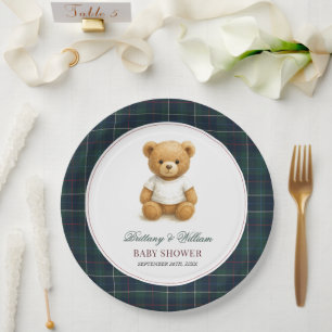 Classic Preppy Bear Plaid Baby Shower  Paper Plate