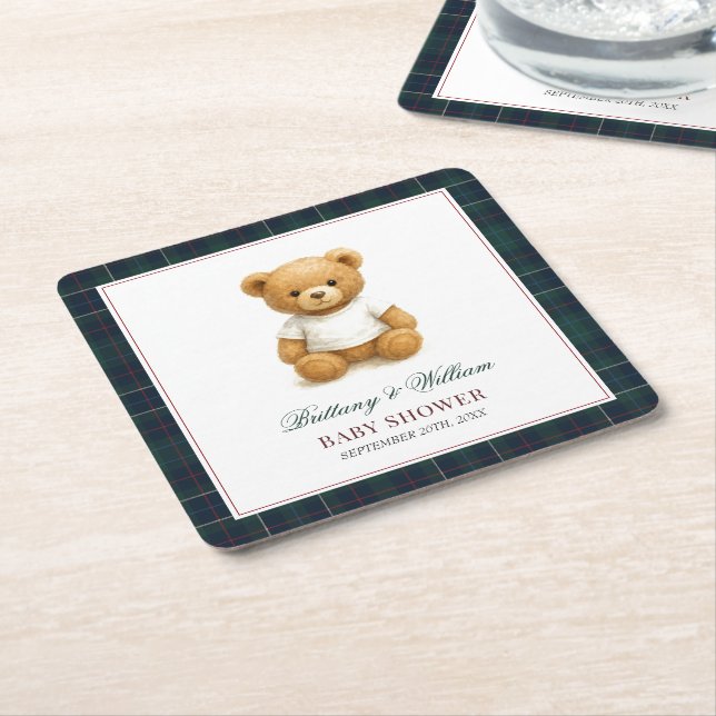 Classic Preppy Bear Plaid Baby Shower  Square Paper Coaster (Angled)