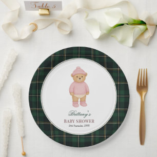 Classic Preppy Bear Tartan Baby Shower Paper Plate