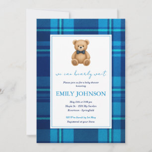 Classic Preppy Blue Plaid Teddy Bear Baby Shower Invitation