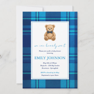 Classic Preppy Blue Plaid Teddy Bear Baby Shower Invitation