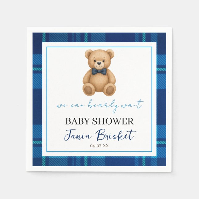 Classic Preppy Blue Plaid Teddy Bear Baby Shower Napkin (Front)