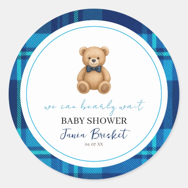 Classic Preppy Blue Plaid Teddy Bear Baby Shower Round Sticker (Front)