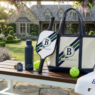 Classic Preppy Navy Green Striped Monogram Pickleball Paddle