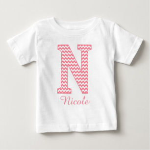 Classic Preppy Pink Chevron Letter N Monogram Baby T-Shirt