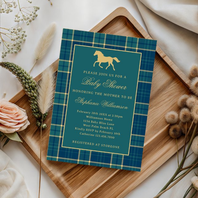 Classic Preppy Plaid Green Equestrian Baby Shower Invitation (Creator Uploaded)
