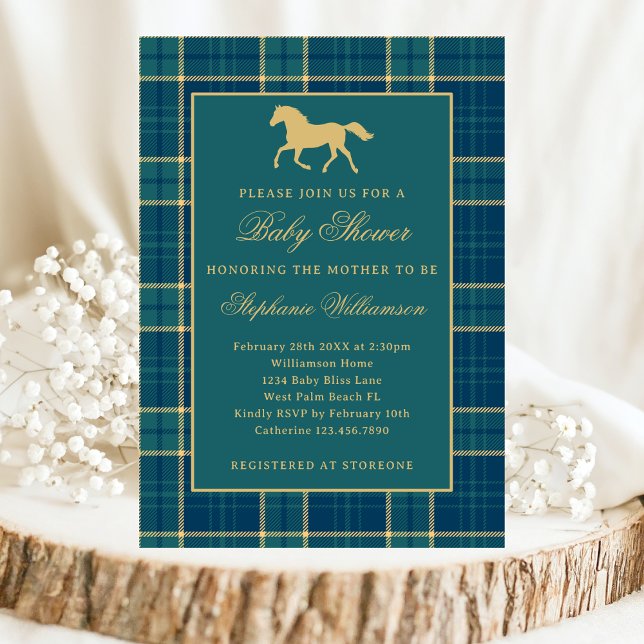 Classic Preppy Plaid Green Equestrian Baby Shower Invitation (Creator Uploaded)
