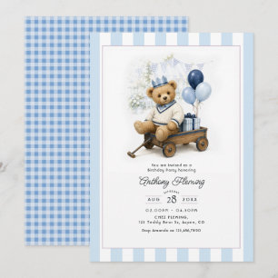 Classic Preppy Teddy Bear Blue Gingham Birthday Invitation