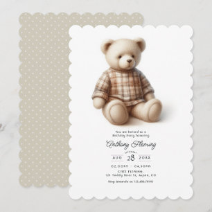 Classic Preppy Teddy Bear Neutral Birthday Party Invitation