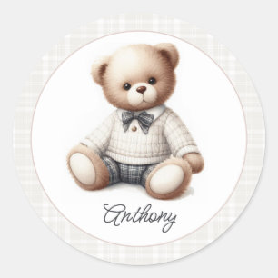 Classic Preppy Teddy Bear Personalised Birthday Round Sticker
