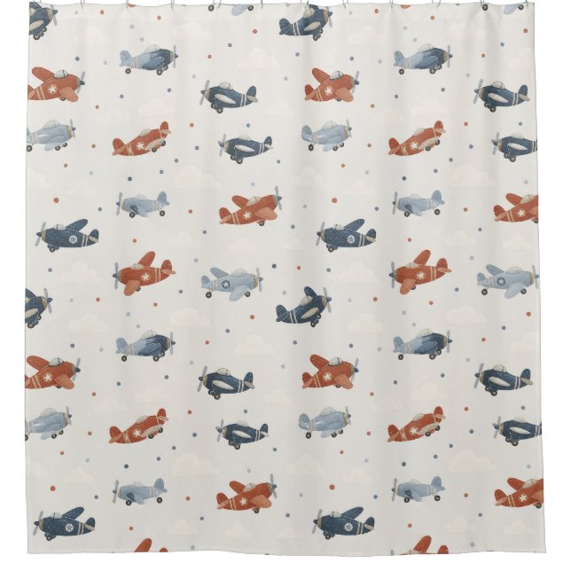 Classic Propeller Aeroplane Pattern Navy Blue Shower Curtain (Front)