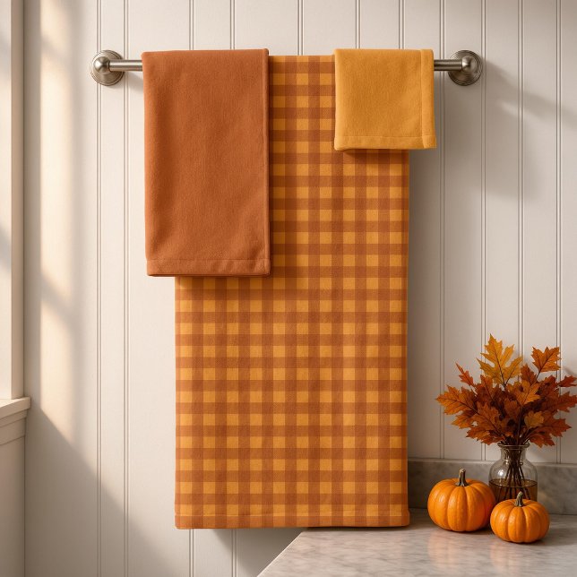 Classic Pumpkin Fall Autumn Gingham Plaid Check Bath Towel Set (Creator Uploaded)