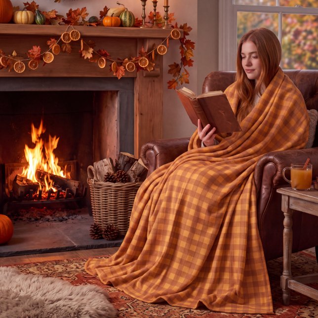 Classic Pumpkin Fall Autumn Gingham Plaid Check Fleece Blanket (Creator Uploaded)