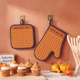 Classic Pumpkin Fall Autumn Gingham Plaid Check Oven Mitt & Pot Holder Set