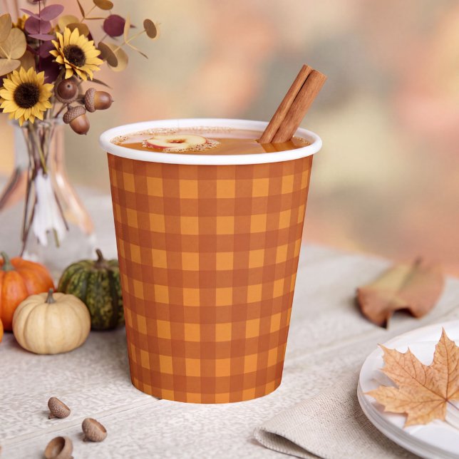 Classic Pumpkin Fall Autumn Gingham Plaid Check Paper Cups (Creator Uploaded)