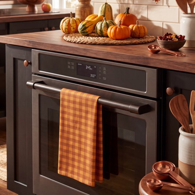 Classic Pumpkin Fall Autumn Gingham Plaid Check Tea Towel (Creator Uploaded)