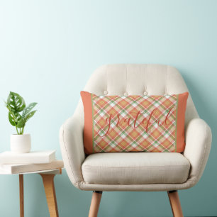 Classic Pumpkin Orange Autumn Green Tartan Pattern Lumbar Cushion