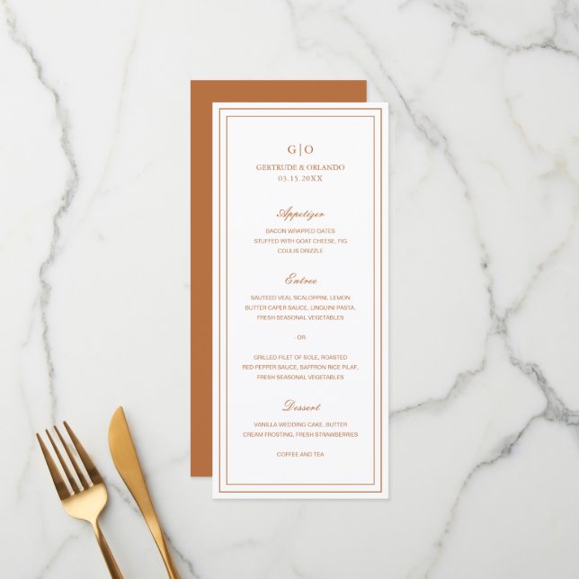 Classic Pumpkin Orange Elegant Wedding Menu (Front/Back In Situ)