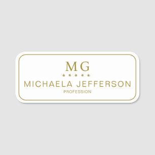 Classic Pure White And Gold Monogram: Professional Name Tag