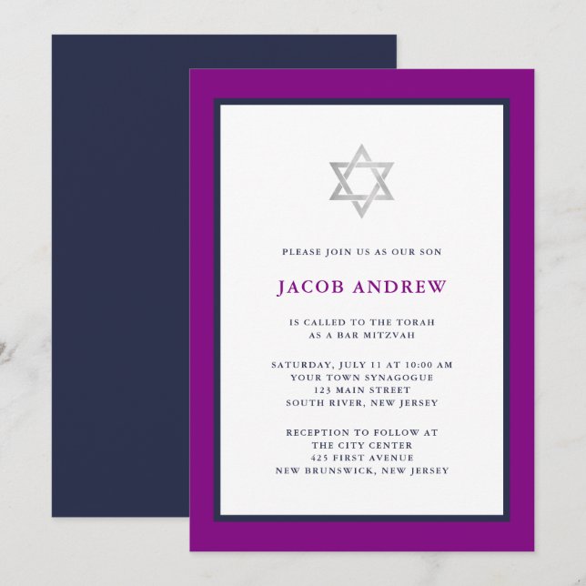 Classic Purple and Dark Blue | Bar Mitzvah Invitation (Front/Back)