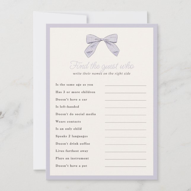 Classic Purple Bow Find the Guest Shower Game Card (Front)