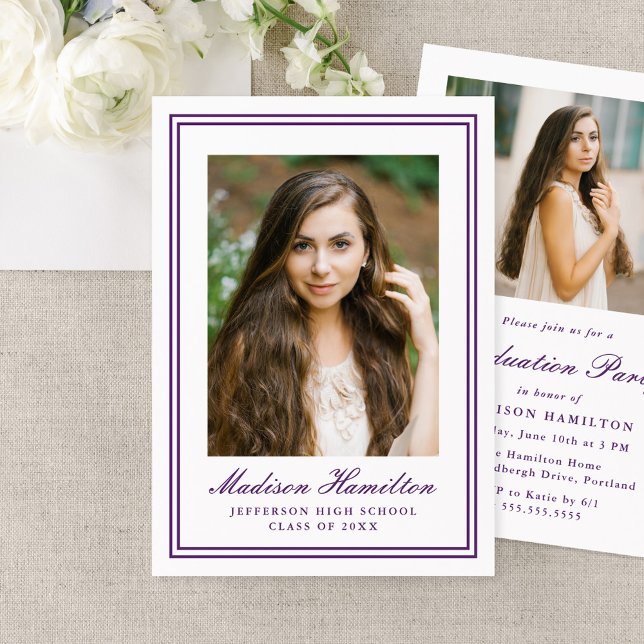 Classic Purple Double Border Photo Graduation Invitation (Creator Uploaded)