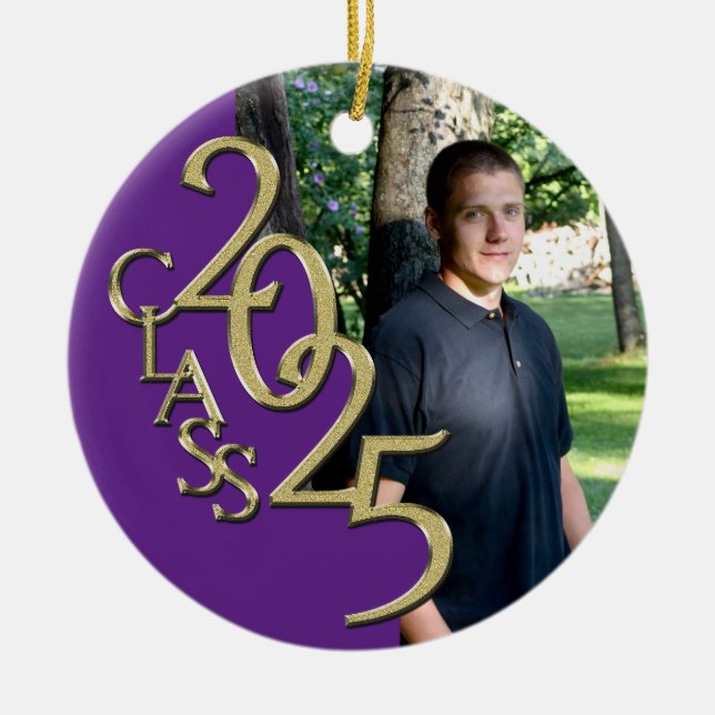 Classic Purple Gold 2025 Graduate Photo Ceramic Tree Decoration (Front)