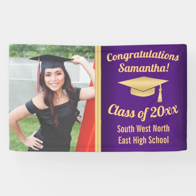 Classic Purple Gold Custom Photo Graduation Sign (Horizontal)