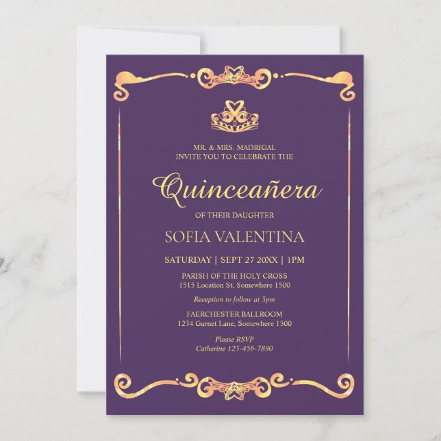 Classic Purple Gold Quinceanera Invitation (Front)