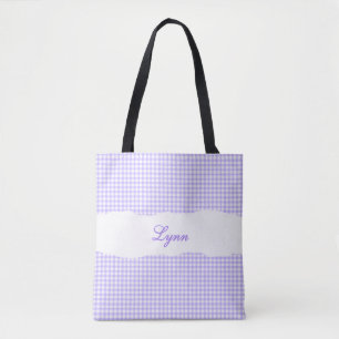 Classic Purple & White Gingham Personalized Name Tote Bag