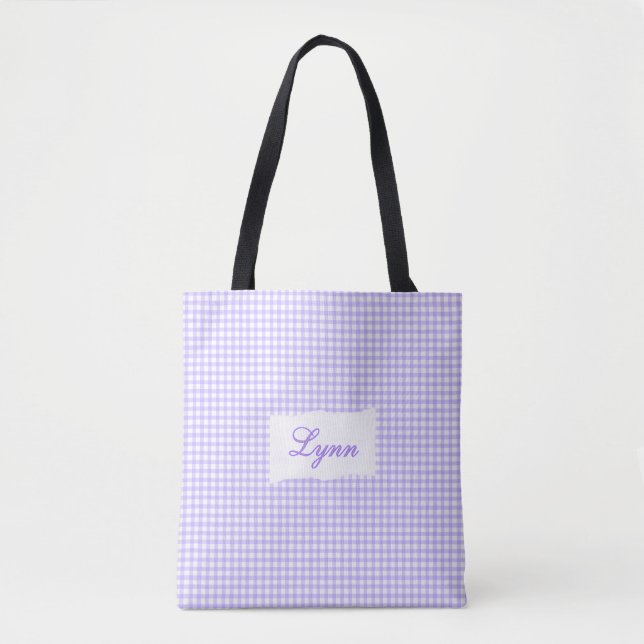 Classic Purple & White Gingham | Personalized Name Tote Bag (Front)
