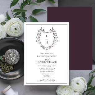 Classic Purple Wildflower Monogram Crest Wedding Invitation