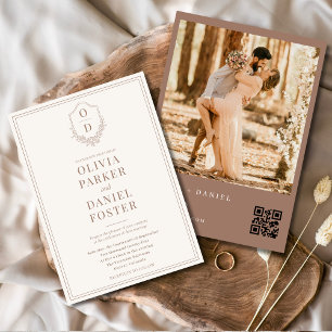 Classic QR Code Crest Mocha Brown Photo Wedding Invitation