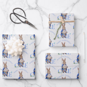 Classic Rabbit Birthday Cake First Birthday Wrapping Paper Sheet