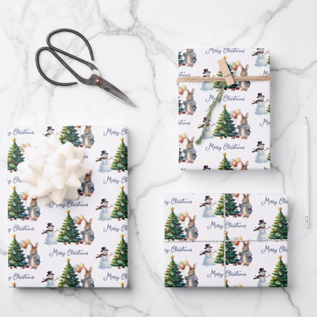 Classic Rabbit Christmas tree Wrapping Paper Sheet (Front)