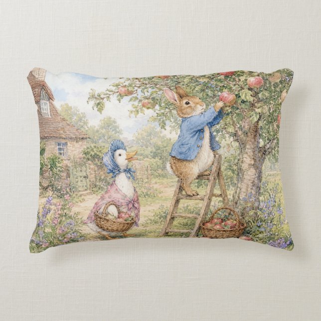 Classic Rabbit Duck picking apples Decorative Cushion (Front)
