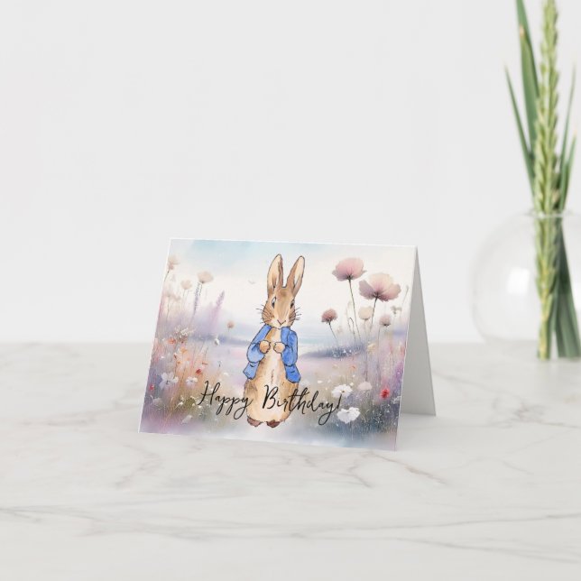 Classic Rabbit field of wildflowers Happy birthday Card (Front)