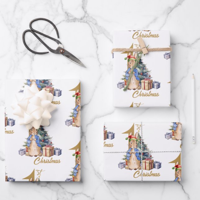 Classic Rabbit First Christmas Wrapping Paper Sheet (Front)