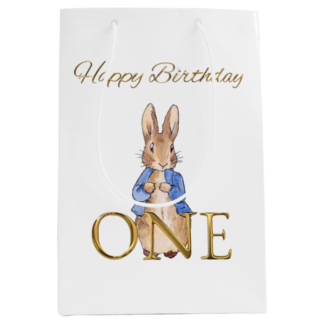 Classic Rabbit in blue jacket First Birthday Medium Gift Bag (Front)