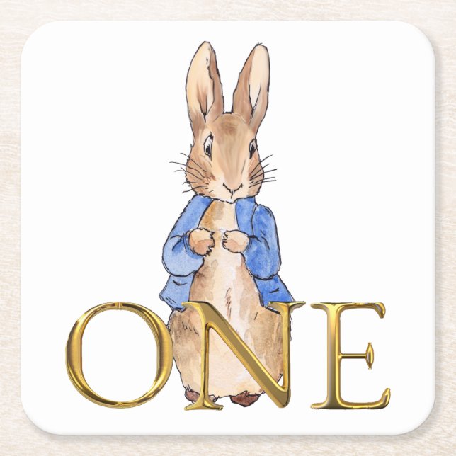Classic Rabbit in blue jacket First Birthday Square Paper Coaster (Front)