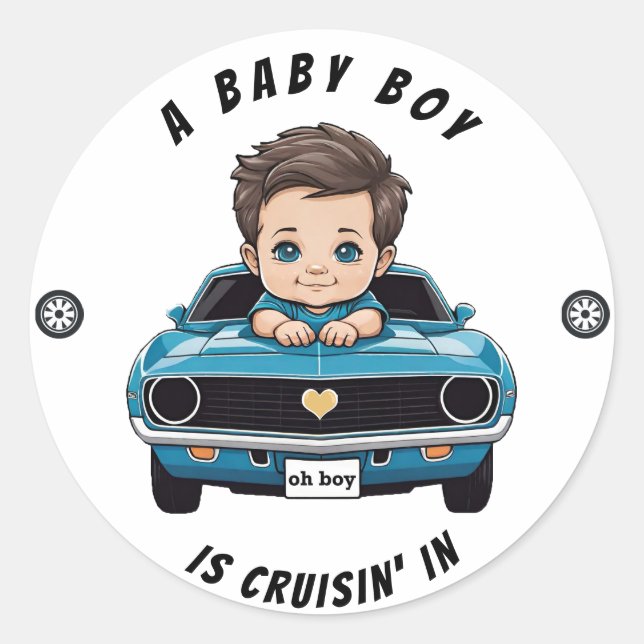 Classic Race Car Baby Boy Cruisin' In Shower Classic Round Sticker (Front)