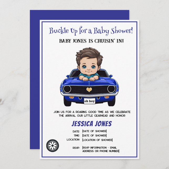 Classic Race Car Baby Boy Cruisin' In Shower Invitation (Front/Back)