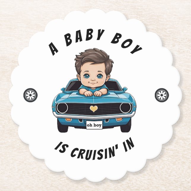 Classic Race Car Baby Boy Cruisin' In Shower Paper Coaster (Front)
