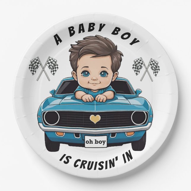 Classic Race Car Baby Boy Cruisin' In Shower Paper Plate (Front)