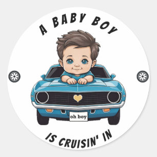 Classic Race Car Baby Boy Cruisin' In Shower Round Sticker
