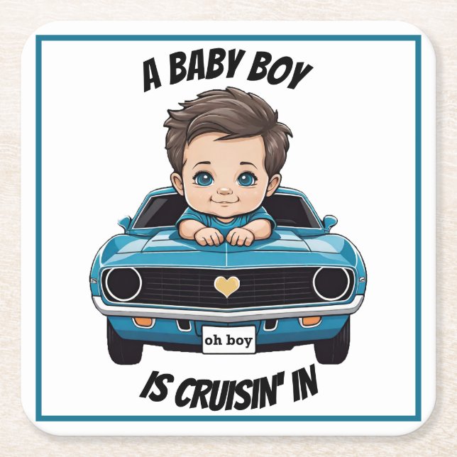 Classic Race Car Baby Boy Cruisin' In Shower Square Paper Coaster (Front)