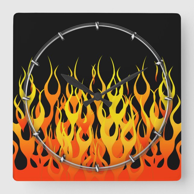 Classic Racing Flames on Solid Black Square Wall Clock (Front)