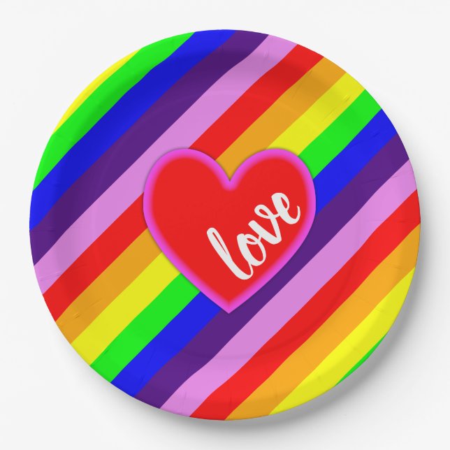 Classic Rainbow Stripes with Heart Colourful Paper Plate (Front)